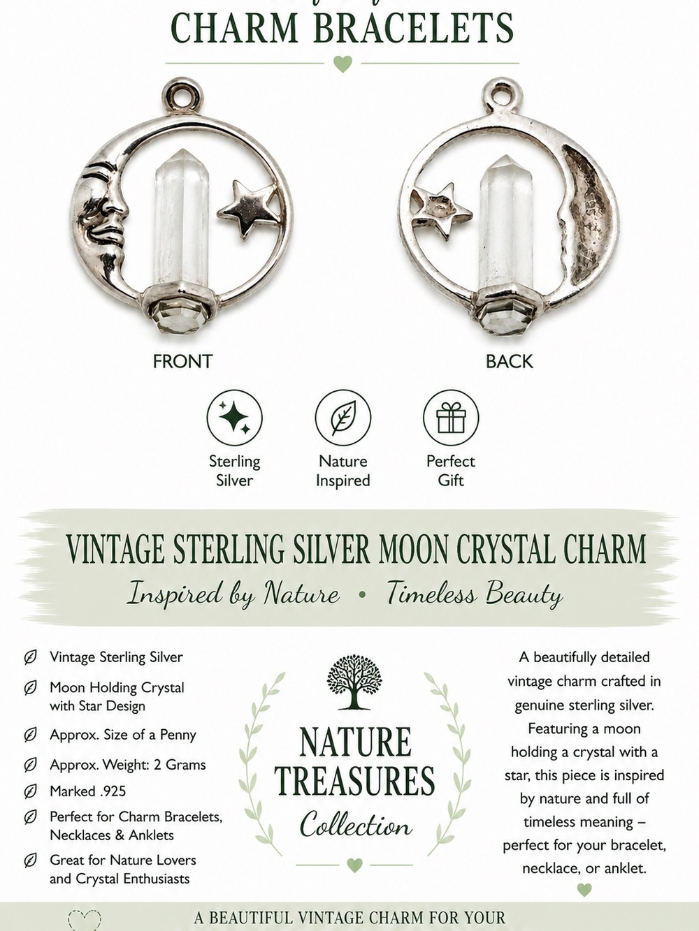 Vintage Sterling Silver Moon Crystal Charm - Clear